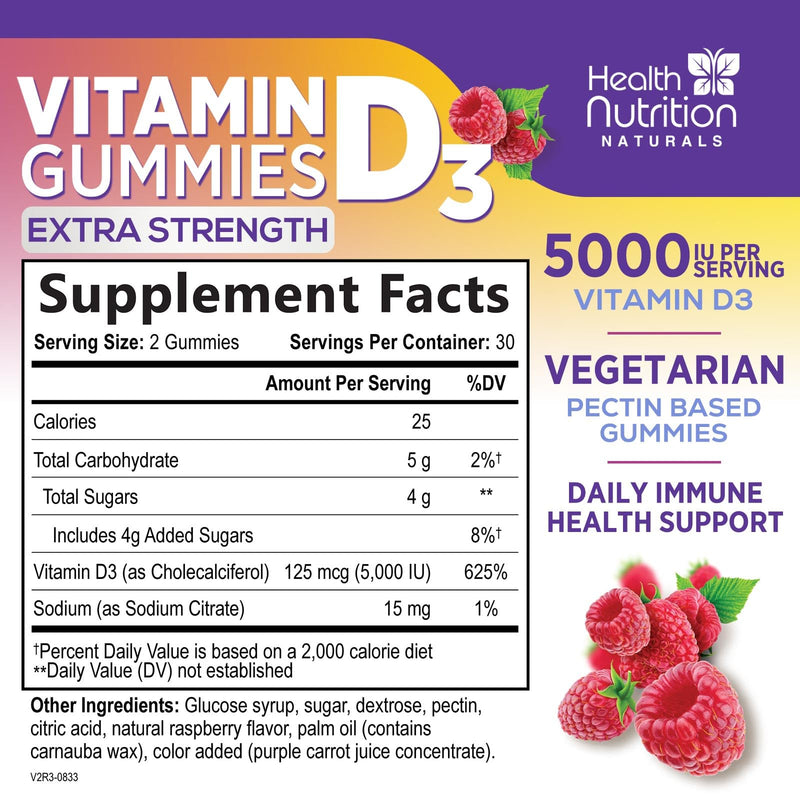 Vitamin D3 Gummies 125 mcg (5000 IU) Per Serving - 3X Strength Immune Support & Bone Support, Vitamin D Gummy Dietary Supplement, Nature's Berry D Vitamin Supplement, Raspberry Flavored - 60 Gummies 60 Count (Pack of 1)