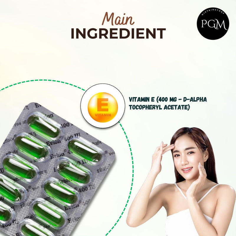 50 Evion Capsules Vitamin E For Glowing Face,Strong Hair,Acne,Nails, Glowing Skin 400mg