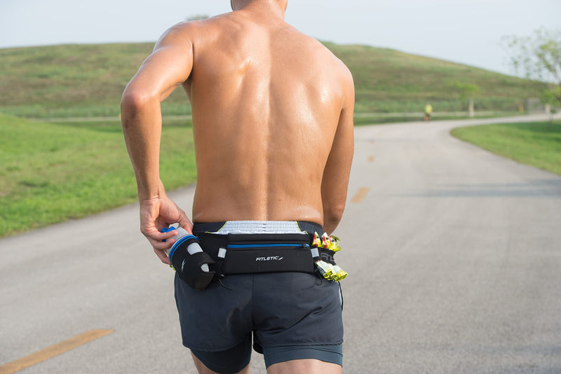 Fitletic Hydration Running Belt With 12oz Quick Flow Water Bottle For Men & Women –Race Belt, Gel Holder & Bib Toggles Patented Bounce Free Design, Water Resistant Fits All Phones –Fully Loaded Black S/M (24"-34")