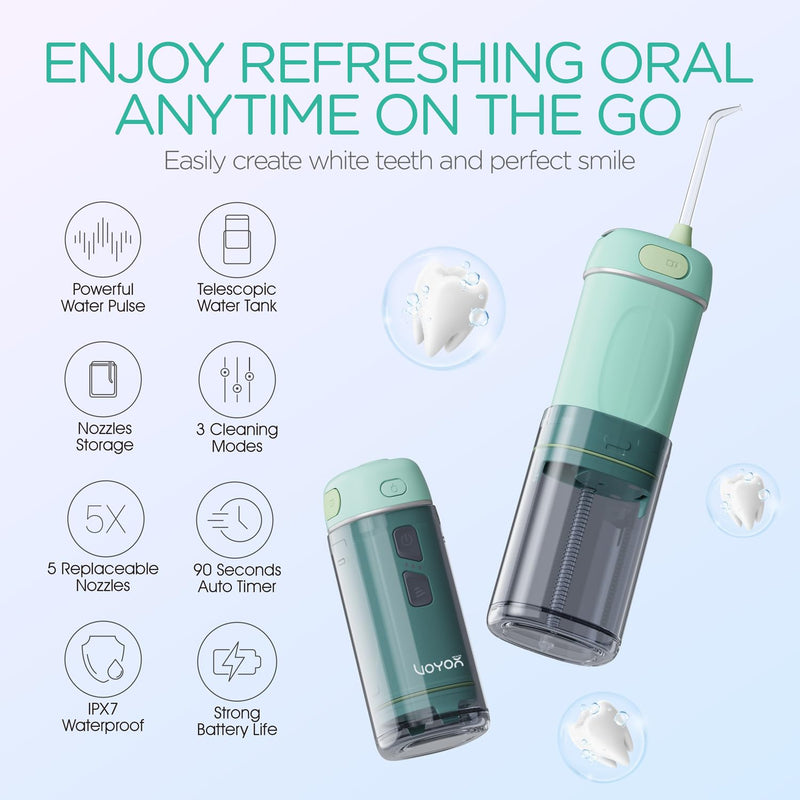 VOYOR-HEALTH Portable Water Flosser Cordless, Mini Travel Oral Irrigator with Telescopic Water Tank, IPX7 Waterproof Water Dental Flosser for Teeth Cleaning Braces & Dental Care WF510 (Light Green) Light Green