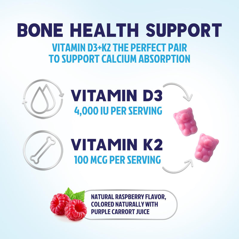 D3 K2 Gummies - 3X Strength Vitamin D3K2 Vitamins For Immune Support with Calcium - 2-in-1 Vitamins D & Vitamin K2 Mk-7 Supplement Complex, Easy to Swallow, Gluten Free, Non-Gmo - 60 Gummies