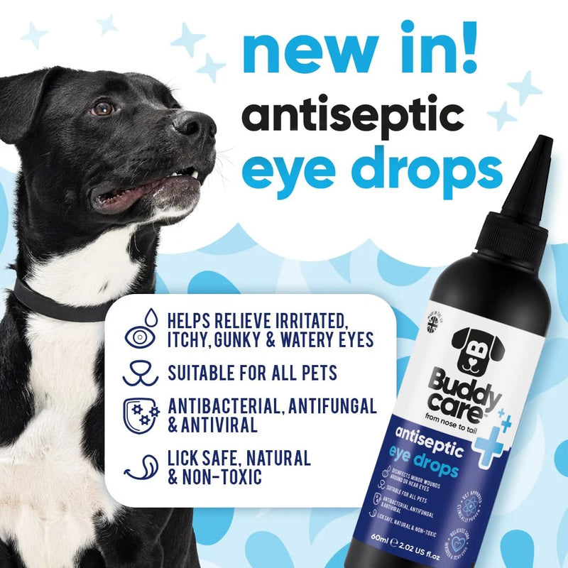 Buddycare Dog Eye Drops for Infection Vet Approved Lick-Safe Formula for Dogs & Cats to Provide Soothing to Irritated, Itchy Watery Eyes - Antibacterial, Antifungal & Antiviral Formula (60ml)