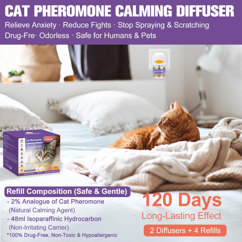 Cat Calming Pheromone Diffuser, 4 Refills 48ml & 2 Diffusers, 120 Days Long-Lasting, Relieve Anxiety, Reduce Fighting, Spraying & Scratching, Safe for Cats Kittens & Humans 1