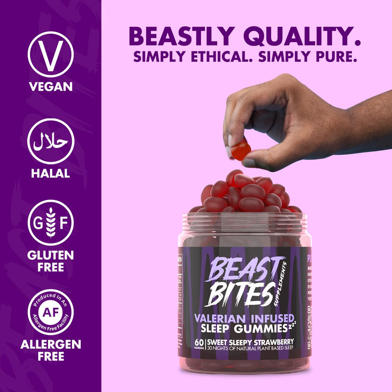 Sleep Gummies - Valerian Infused - Natural Nighttime Gummies - No Sugar, Artificial Colors or Flavors - Gluten-Free, Vegan & Halal - Made in The USA - Strawberry Flavor - 30 Servings - BeesActive Australia