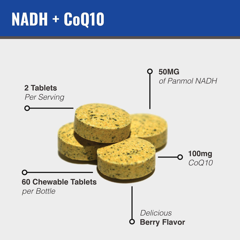 MAAC10 NADH + CoQ10 Supplement, Great Tasting Chewable Tablets, 60 Tablets | For Fatigue, Cellular Energy and Mental Focus, NAD+ Supplement with 50mg PANMOL® NADH + 100mg CoQ10, 30 Day Serving 60 Count (Pack of 1)