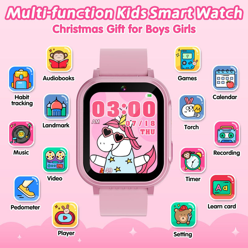 Cosjoype Kids Waterproof Smart Watch, 32 Games HD Touchscreen Kids Watch with Dual Camera Video Music Player Pedometer Flashlight 12/24 hr Christmas Birthday Gifts for Girls Ages 4 5 6 7 8 9 10 Pink - BeesActive Australia