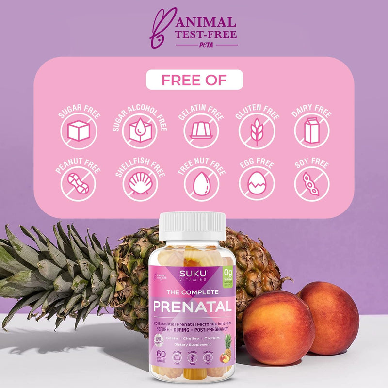 SUKU Prenatal Multivitamin Gummies – Folate, Calcium, Vitamin D3, B12, K2 – Sugar-Free, Vegetarian, Gluten-Free Pregnancy Support – Pineapple Peach Flavor – 60 Count