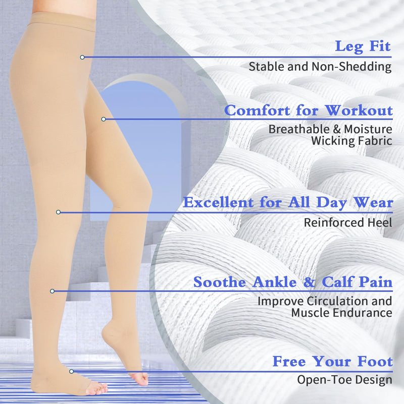 15-20 mmHg Compression Pantyhose for Women, Medical Compression Stockings, Open Toe Compression Leggings,Waist High Compression Tights for Edema, Varicose Veins, Swelling, Pregnant,Nurses, Athletes 2XL Beige