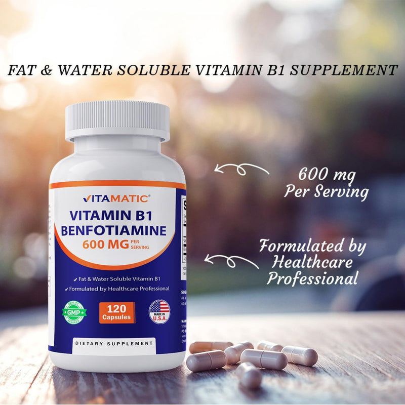 Vitamatic Benfotiamine 300mg + Vitamin B1 300 mg - 120 Vegetable Capsules - Made in the USA - Gluten Free - Non-GMO