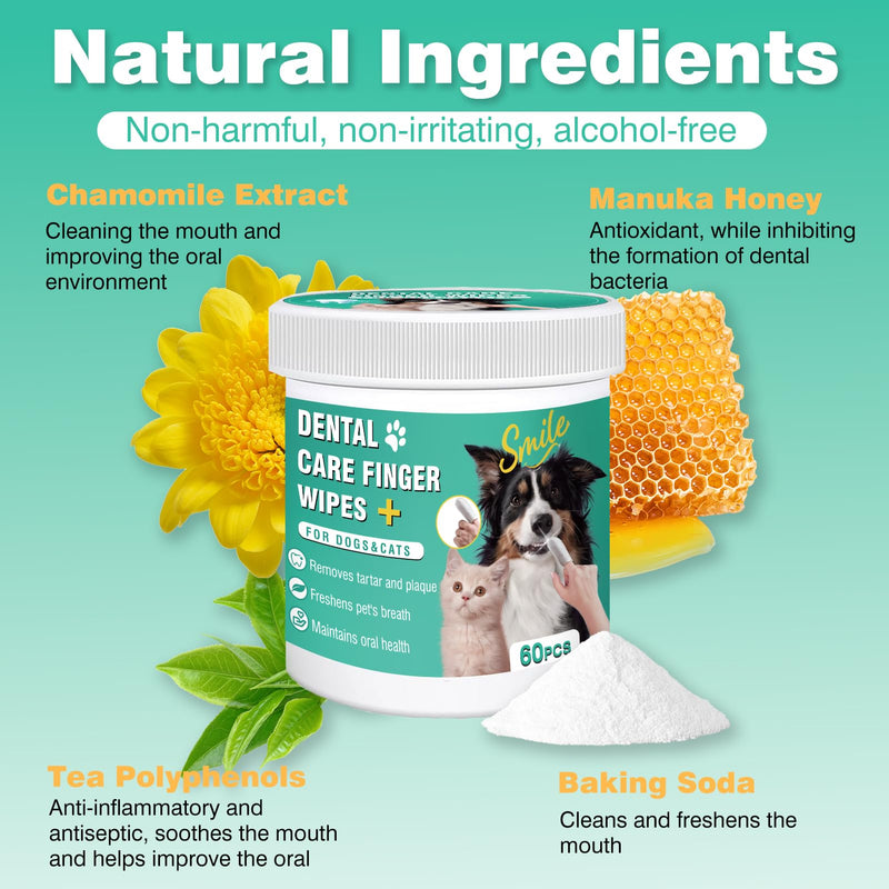 Dog Teeth Cleaning Wipes, Pre-Soaked Pet Tooth Finger Wipes 60pcs, Soothing Cleaning Pet Teeth, Reducing Tartar and Plaque, Freshening Breath, Maintaining Your Dog's Oral Health 60 PCS - BeesActive Australia