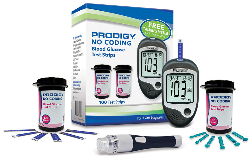 Prodigy Glucose Monitor Kit - Includes Prodigy Meter, 100ct test strips, 10ct Lancets, Lancing device, Carrying Case, Log Book - BeesActive Australia