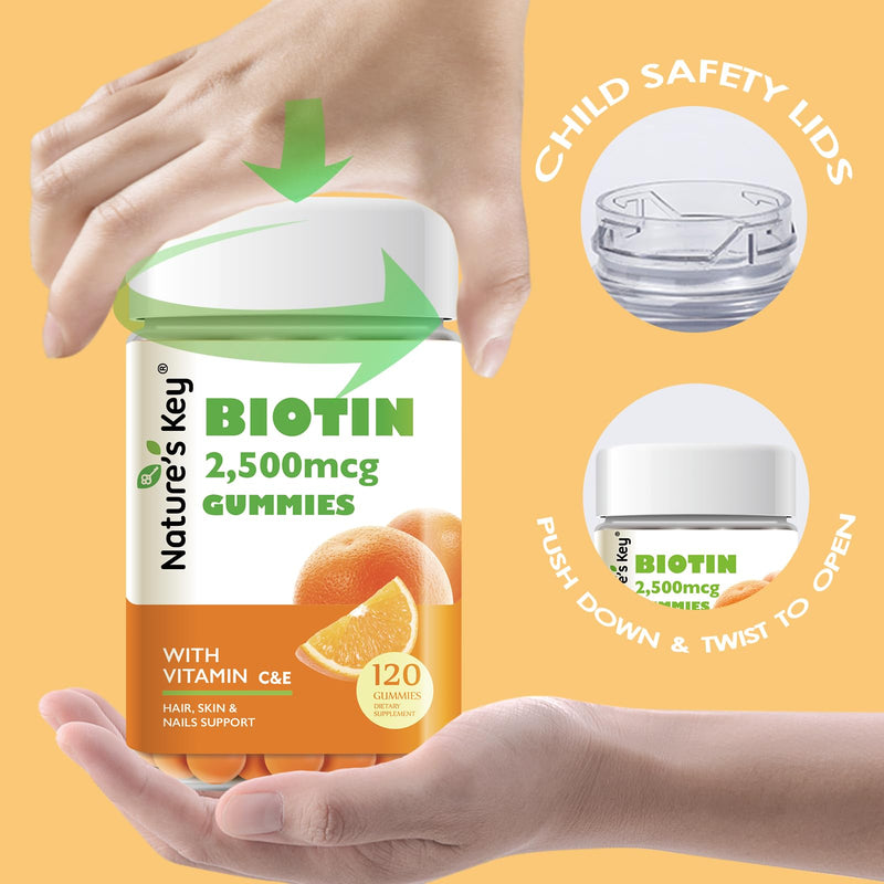 Nature's Key Biotin Gummies with Vitamin C and E, Support Hair Nails Growth & Beautiful Skin for Women Men and Kids, Vegan, Orange Flavors, 120 Count 120 Count (Pack of 1)