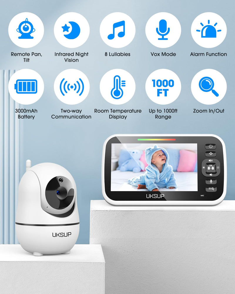 Baby Monitor with Camera and Audio - 5” Display Video Baby Monitor with 29 Hour Battery Life, Remote Pan & Tilt, 2X Zoom,Auto Night Vision, 2 Way Talk, Temperature Sensor,Lullabies,960 Feet Range 1 Camera - BeesActive Australia