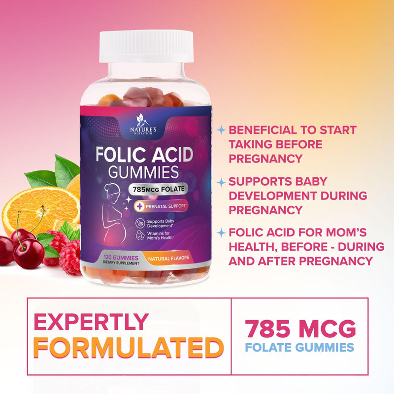 Folic Acid Gummies - Essential Prenatal Vitamins for Women - Daily Folate Vitamin B9 for Mom & Baby Development Support - Before During & After Pregnancy, Natural Orange & Cherry Flavor - 120 Gummies 120 Count (Pack of 1)