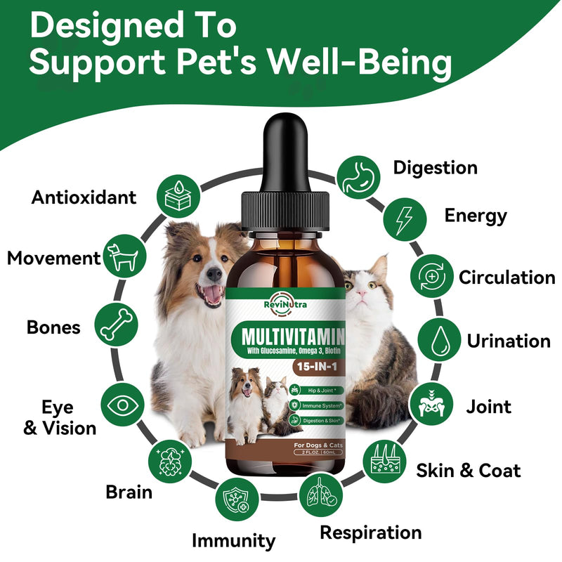 Dog Vitamins and Supplements - Dog Multivitamin Liquid Drops, 15 in 1 Pet Vitamins Supplement for Dogs & Cats - Support Joint, Gut, Immune, Digestion, Heart, Skin & Coat, 2 Fl Oz - BeesActive Australia