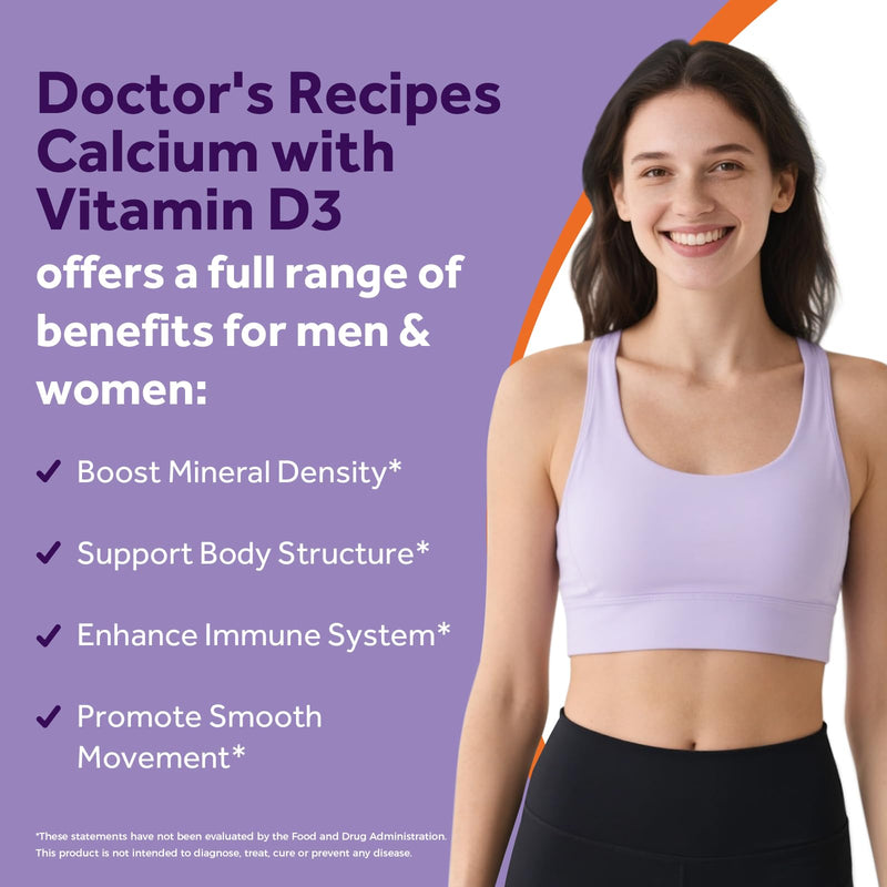 Doctor's Recipes Calcium 1200 mg with Vitamin D3, Calcium Supplements for Women & Men, Non-GMO, No Soy, Bone & Immune Support, Calcium Carbonate, Extra Absorption, 60 Tablets