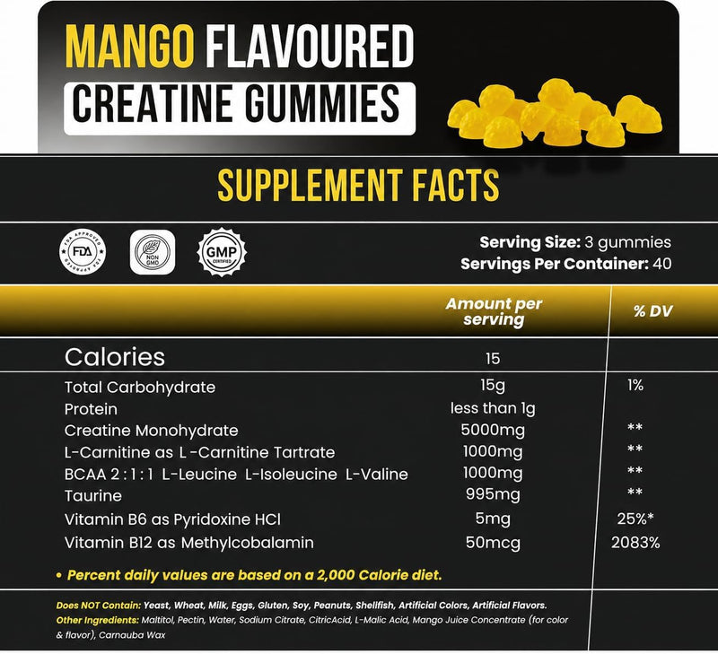 Sugar Free Creatine Monohydrate Gummies 8000mg Per Serving for Men & Women, Mango Flavour, Vegan 5000mg Creatine, BCAA, Taurine, L-Carnitine, Vitamins B12 & B6 Strength, Focus & Endurance, 120 Gummies Mango 8000mg