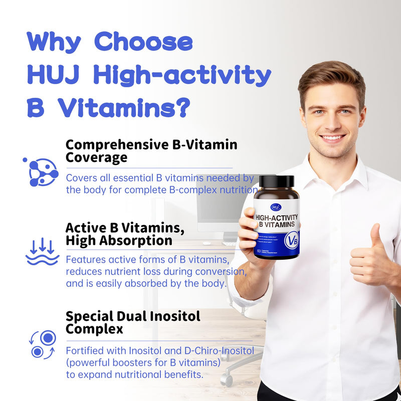 HUJ High-Activity B Vitamins - Supports Normal Energy Metabolism & Nerve System Health - Supplement with 8 B Vitamins, Inositol and D-Chiro Inositol - 60 Capsules.