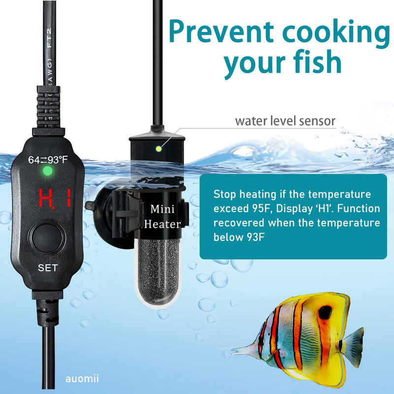 Mini Submersible Aquarium Heater, 10/20/25/50/100/150 Watts Adjustable Fish Tank Heater, Built-in Thermometer, External Temperature Controller, Smart Memory, Used for 1-60 Gallons (10W Plug) 10W PLUG - BeesActive Australia
