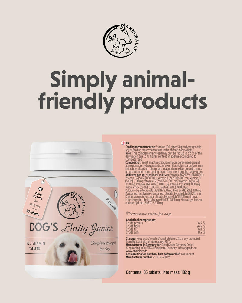 Annimally Dog’s Daily Junior Multivitamin Tablets for Puppies 85 pcs. | For puppies, with B vitamins, zinc & minerals, natural ingredients, ideal for the daily feeding routine, made in Germany
