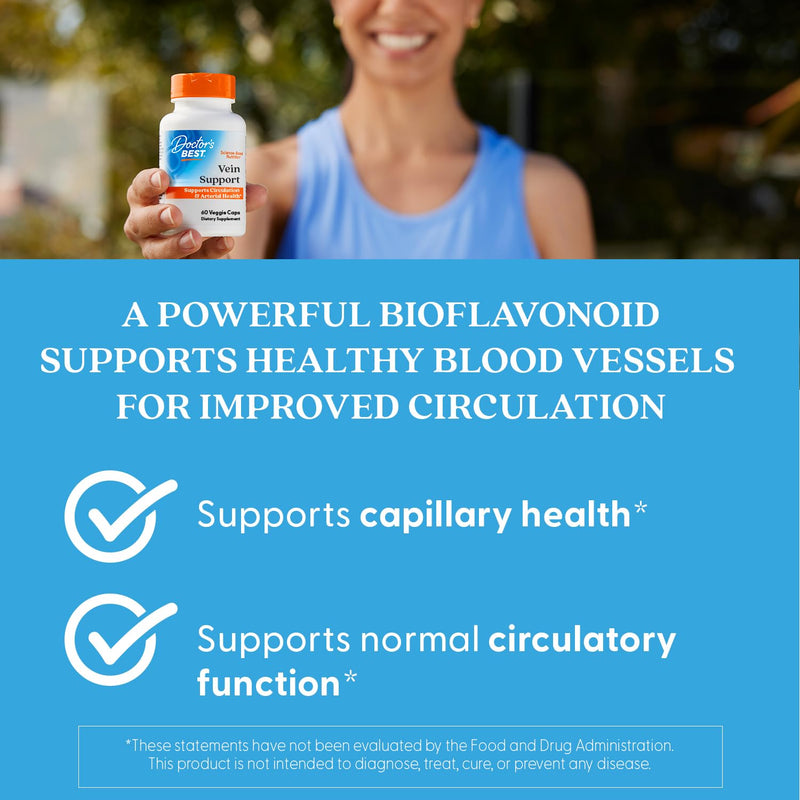 Doctor's Best Vein Support Supplement - Contains Diosmin & Hesperidin, Circulation Support for Legs & Feet, for Men & Women, Formula with Vitamin K2 & Natural Orange Extract, Vegan - 60 Veg Caps 60 Count (Pack of 1)