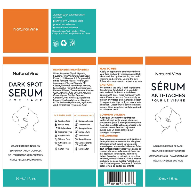 Natural Vine Dark Spot Remover for Face Serum: Age Spot Sun Spot Brown Spot with Grape Extract, Fermentation Complex, Hyaluronic Acid & Vitamin E, for Women and Men, 1 FL OZ / 30mL 1 Fl Oz (Pack of 1)