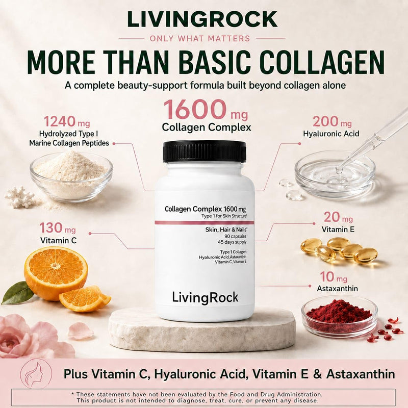 LivingRock Marine Beauty Collagen Complex for Skin, Hair & Nails with Type 1 Marine Collagen, Hyaluronic Acid, Astaxanthin, Vitamins C & E, 90 Capsules, 45-Day Supply