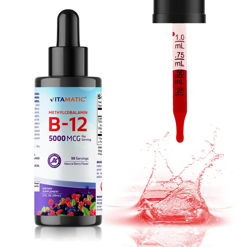 Vitamatic 2 Packs Fast Acting Liquid Vitamin B12 5000 mcg (Methylcobalamin) - Natural Berry Flavor - Sublingual Supplement - Faster Absorption - 2 OZ