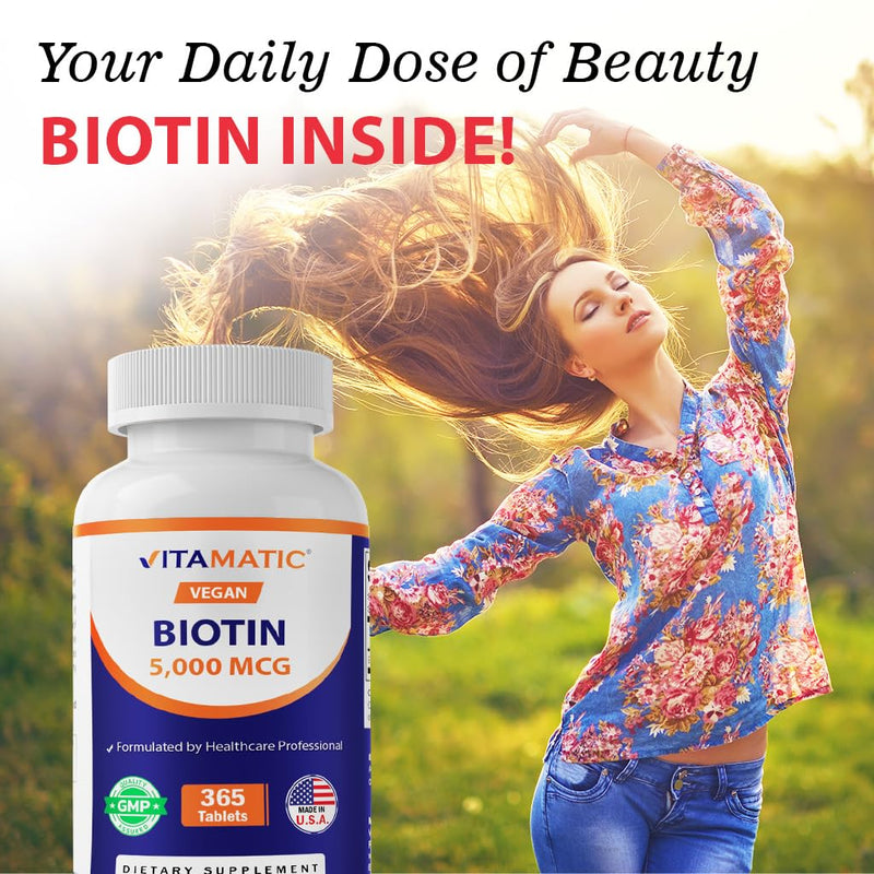 Vitamatic Biotin 5000mcg (5 mg) for Stronger Hair, Skin & Nails - 365 Vegan Tablets- Also Called Vitamin B7 (Pack of 2) 365 Count (Pack of 2)