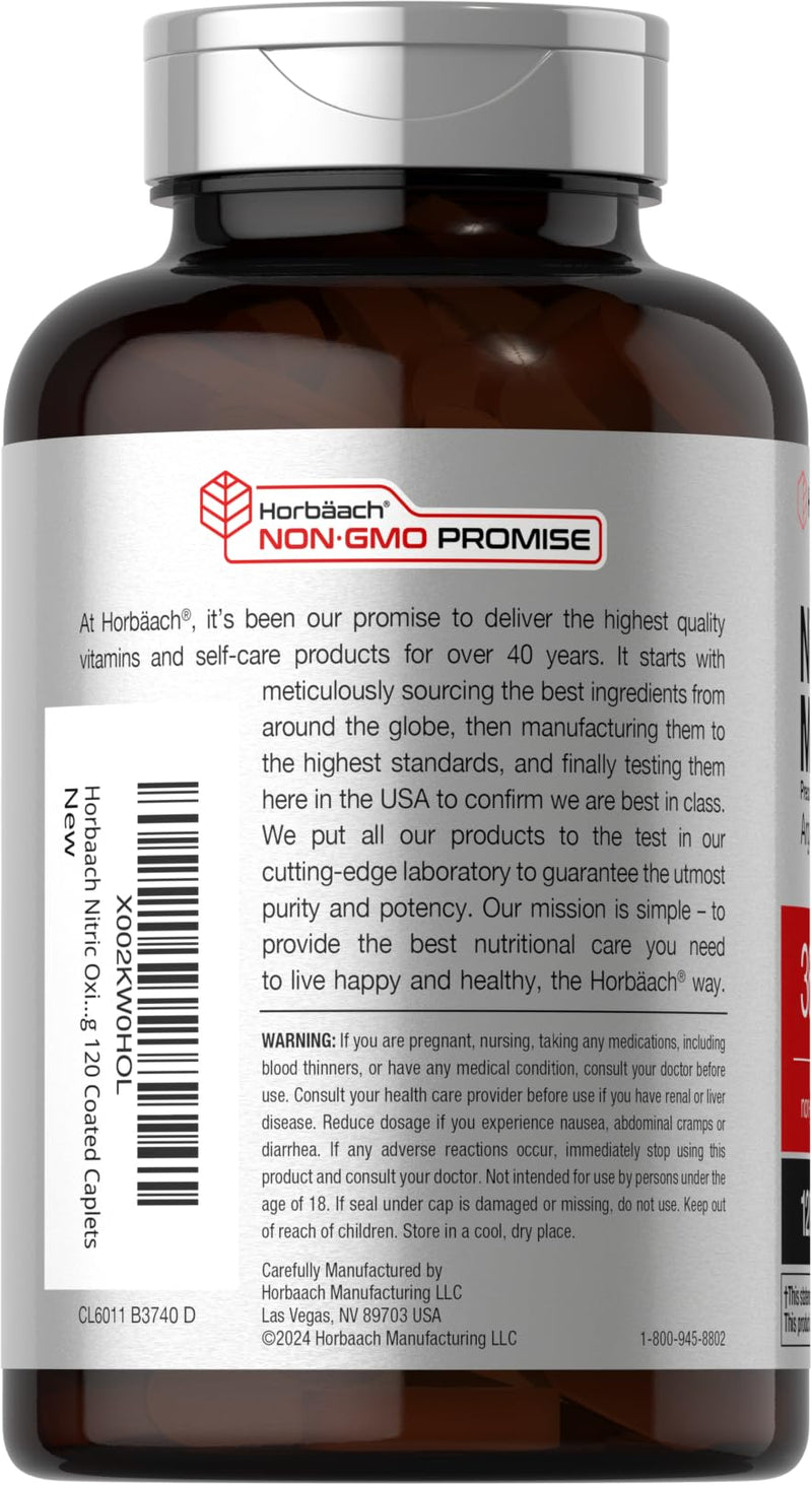 Horb√§ach Nitric Oxide Max 3600mg | 120 Caplets | with Arginine AAKG for Men and Women | Vegetarian, Non-GMO, & Gluten Free Pre Workout Supplement