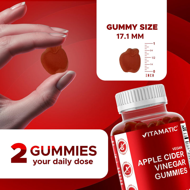 Vitamatic Apple Cider Vinegar Gummies 1000 mg Per Serving, 60 Vegan Gummies | Pectin Based, Support Weight Loss*, Energy Boost*, Digestion & Gut health*, Gluten Free, Non GMO 60 Count (Pack of 1)