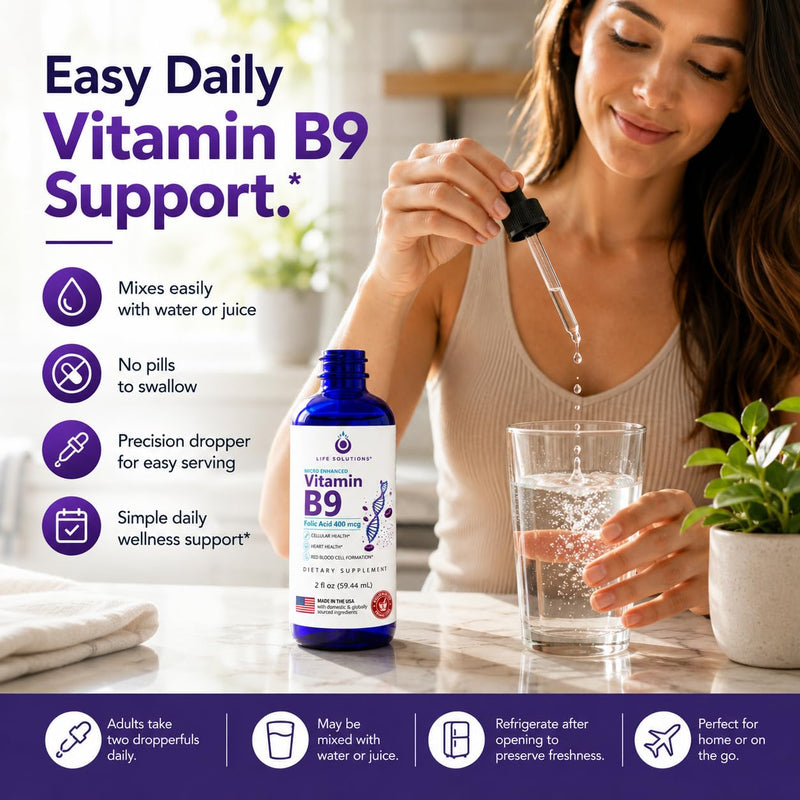 Life Solutions Vitamin B9 Liquid Drops, Folic Acid 400 mcg, 2 fl oz | 400 mcg folic acid per serving in convenient liquid drops with a precision dropper for easy daily use.