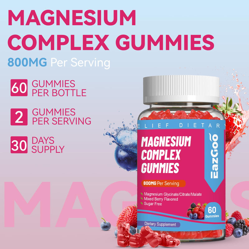 Magnesium Gummies 800mg for Women Men with Vitamin D3, C, B6, B12 & Zinc | 3 Forms of Magnesium (Citrate, Glycinate, Malate), Magnesium Complex Gummies for Muscle, Mood & Energy, Vegan 120 Counts 60 Count (Pack of 2)