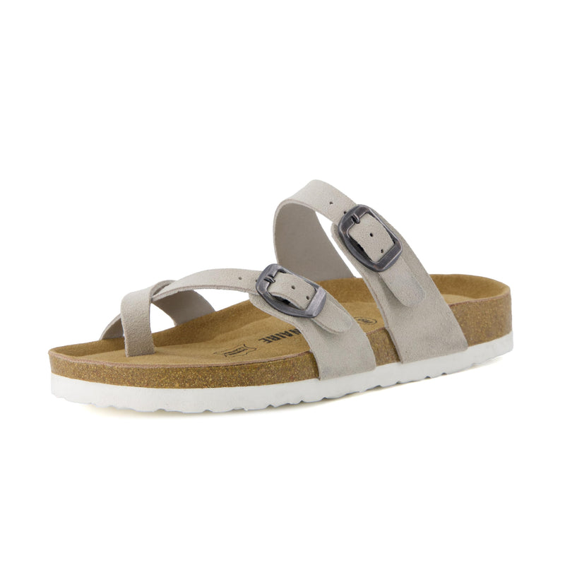 CUSHIONAIRE Lucky 100% Genuine Leather Suede Womens Sandals, Comfortable Cork Footbed Slides for Women with Adjustable Buckles 10 Stone