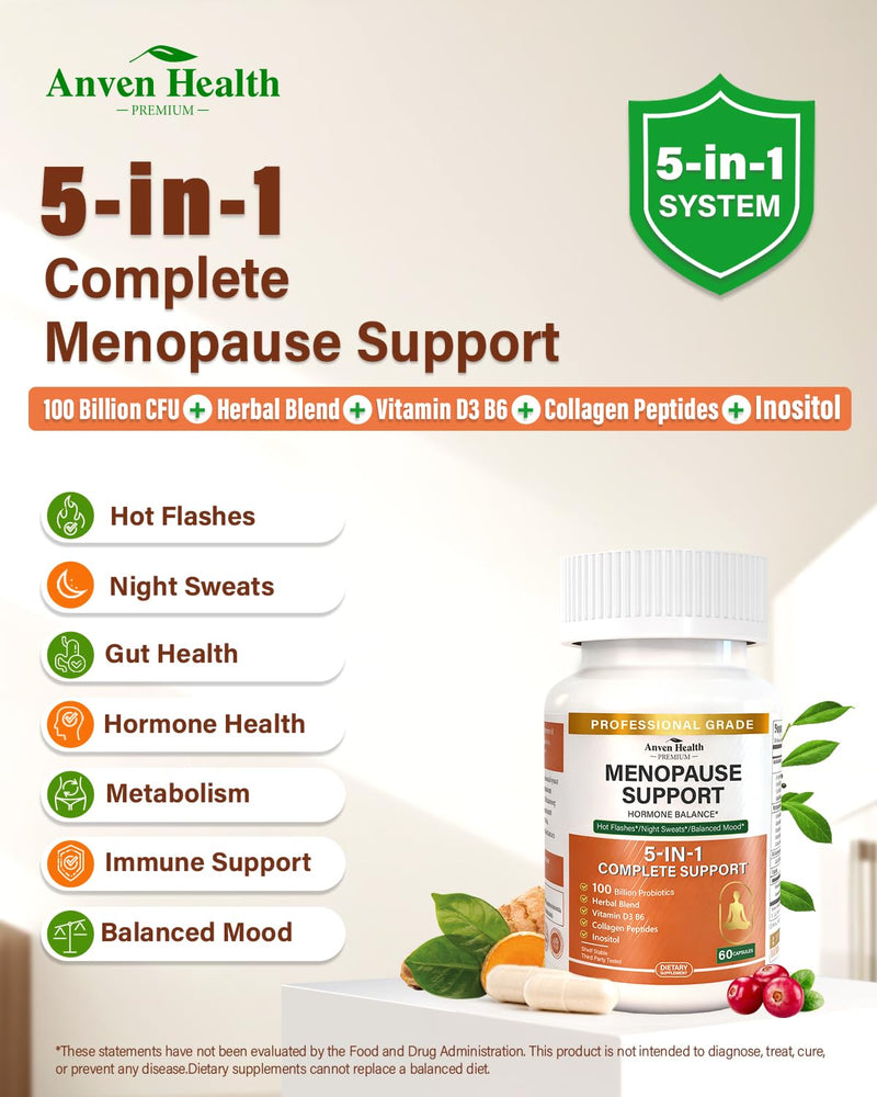 Menopause Relief Supplements for Women 100B CFU Probiotics 180 | Vitamin D3 & B6, 100B Probiotics, Black Cohosh, Herbs, Collagen, Hot Flashes & Night Sweats Relief, Bloating & Gut Health Menopause 60 Count (Pack of 3)
