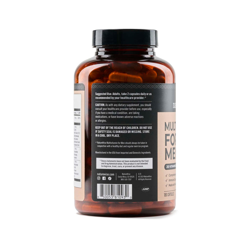 NatureWise Multivitamin for Men - Daily Male Support - Minerals & Herbs for Energy, Performance, Immunity - with Vitamin A, C, D, B-Complex - Soy & Gluten-Free, Non-GMO - 180 Capsules[3-Month Supply] Unflavored 180 Count (Pack of 1)