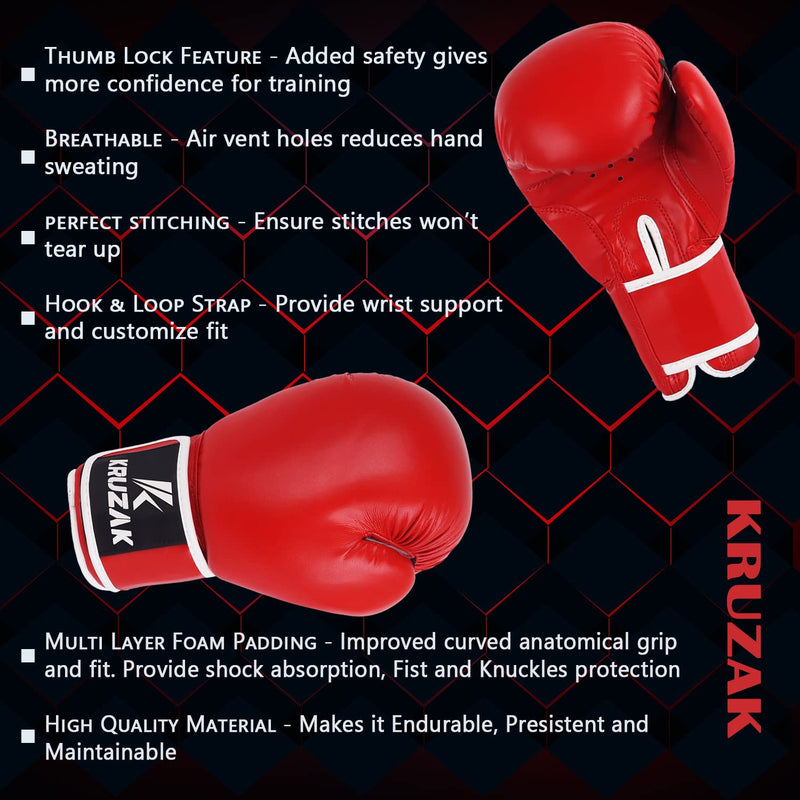 Kruzak Plain Boxing Gloves for Sparring, Kickboxing, Muay Thai, Martial Arts & MMA Fighting - Men & Women Punch Bag Mitts Training and Focus Pads Punching Red 16 oz