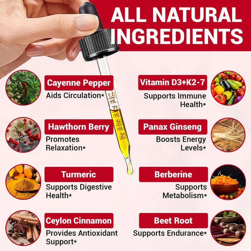 Cayenne Pepper Liquid Drops with Vitamin D3 & K2, Hawthorn, Beet Root, Turmeric, Panax Ginseng, Berberine & Ceylon Cinnamon - Quality Supplement for Daily Wellness - 2 fl oz (60mL)