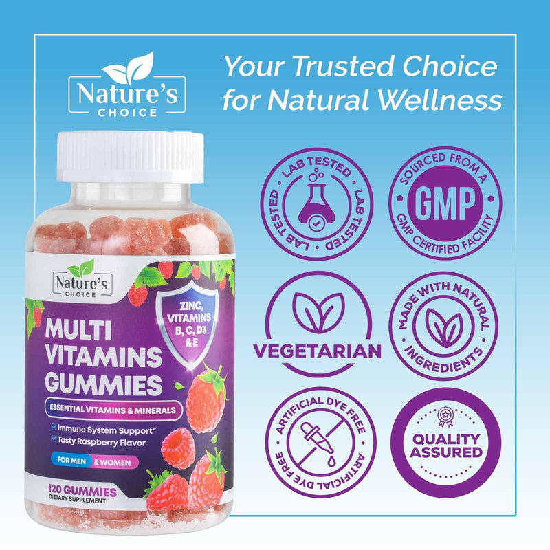 Multivitamin Gummies for Adults - Complete Adult Multivitamins Gummy with Essential Vitamins A, C, D, E, & High Potency B12 for Women & Men, Daily Immune Support Multivitamins Supplement - 120 Gummies 120 Count (Pack of 1)