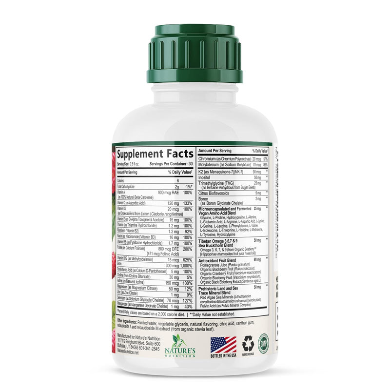 Liquid Multivitamin - Sugar Free Daily Multi Vitamin for Women, Men & Kids, Vitamins A, C, D, B-12, Biotin & Zinc - Supports Faster Hair Growth & Skin Wrinkles, Vegan, Non-GMO, Berry Flavor, 15 Fl Oz