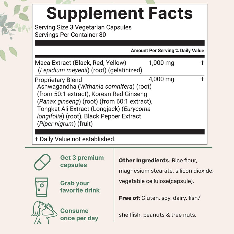 Maca Root Capsules for Women & Men 5,000mg | 240 Veggie Capsules with Ashwagandha, Red, Black, Yellow Maca Root, Panax Ginseng, Tongkat Ali & Black Pepper | Support Energy, Mood & Hormone Balance