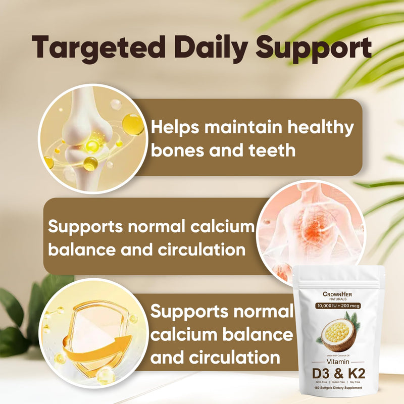 Naturals D3 K2, Essentials Vitamin D3 K2, Vitamin D3 K2 10000 IU+ K2 200 mcg MK-7, Coconut Oil, Extra Strength, Bone & Immune Support, 180 Softgels 1