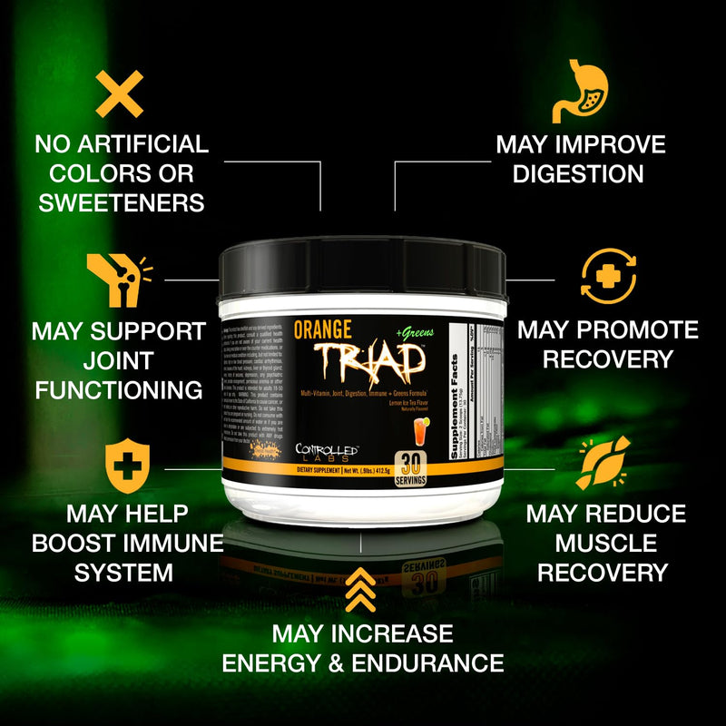 CONTROLLED LABS Orange Triad + Greens, Multivitamin & Greens Powder, 30serv | Daily Supplement, Lemon Ice Tea Flavor, Vitamin A, B6, B12, C, D, Iron Free Sport Supplement, Digestion, Immune, Joint Health