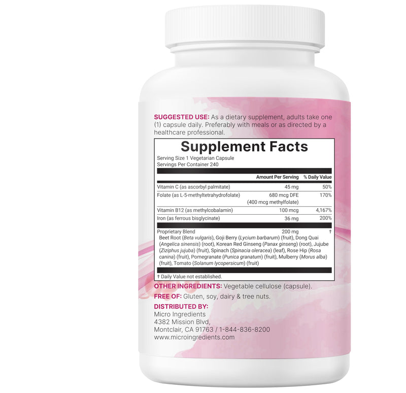 Micro Ingredients Iron Bisglycinate Supplement for Women & Men | 14-in-1 Chelated Ferrous Bisglycinate Complex with Vitamins C & B12, Folate, Botanical Blend | 240 Veggie Capsules | Non-GMO