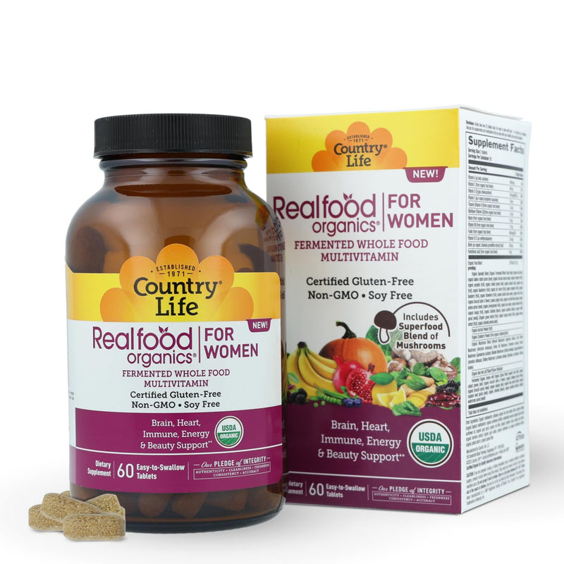 Country Life Realfood Organics Women’s Multivitamin, 60 Tablets | USDA Organic whole food formula with 1,310 mg organic food blend plus vitamins D, E, folate and biotin