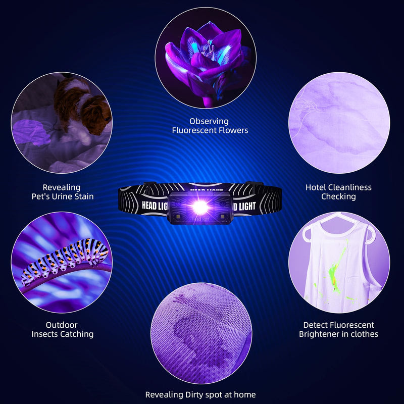 SEVENKA 2 UV Headlamp Flashlight Black Light, Rechargeable LED Hand Free Mini UV Blacklight 395nm Head Light with White & Ultraviolet Light, Detector for Pet Dog/Cat Urine Stains,Bed Bug,Scorpions - BeesActive Australia