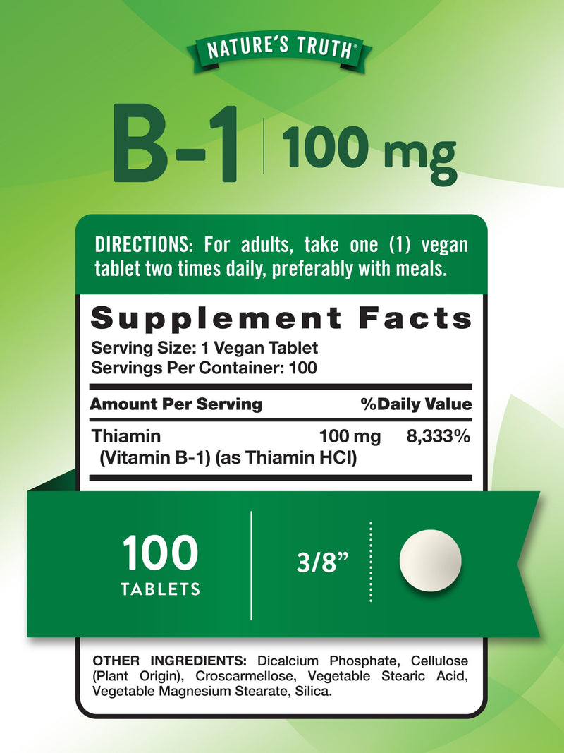 Nature's Truth Vitamin B1 100mg (Thiamine) | 100 Count | Vegan, Non-GMO & Gluten Free Supplement 100 Count (Pack of 1)