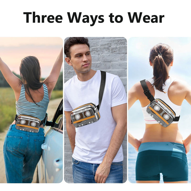 Exnundod Unique Music Mix 80s Tape Fanny Waist Pack for Women Men, Retro Cassette Crossbody Pack with Adjustable Strap Belt Bag Hip Bum Bag for Running Hiking Cycling Traveling Music Tape