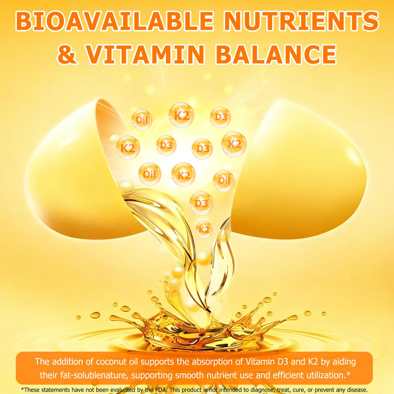 Vitamin D3 K2, D3 K2 Vitamin 10000 iu Supplement with Coconut Oil Softgels, 2 in 1 Formula 200 mcg (MK-7) Complex Softgels Supports Immune, Easy to Swallow & Non-GMO