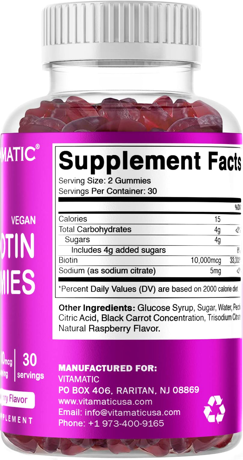 Vitamatic Biotin Gummies 10,000 mcg for Stronger Hair, Skin & Nails - 60 Vegan Gummies - Also Called Vitamin B7 (1 Bottle) 1 Bottle - BeesActive Australia